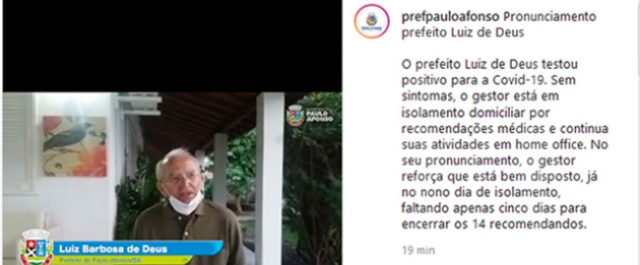 O prefeito Luiz de Deus, de Paulo Afonso-BA, testou positivo para a Covid-19