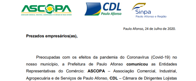 COMUNICADO das entidades ASCOPA, SINPA E CDL para os Empresários de Paulo Afonso