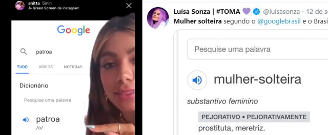 Significados de "patroa" e "mulher-solteira" mudam no Google depois de críticas de Anitta e Luísa Sonza