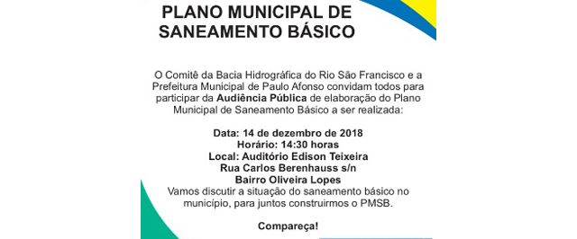 Audiência Pública de elaboração do Plano Municipal de Saneamento Básico vai ser realizada no dia 14
